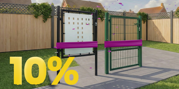 Modern metal garden gates and fence panels on a sunny patio, set against a wooden fence with blooming flowers, featuring a 10% spring promotion banner.