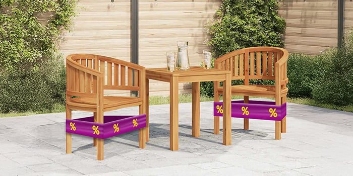 A table and two wooden chairs wrapped in a purple promotional band with yellow discount icons on a patio. Click to see the products in the offer.