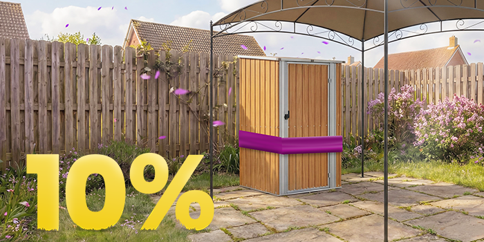 Wooden garden storage shed under a gazebo on a sunny patio, surrounded by flowers and fence, featuring a 10% spring promotion banner.
