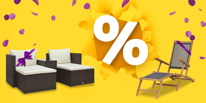 Wooden patio chair and two rattan loungers with purple ribbons against yellow background with purple confetti and large discount symbol. Click to see the products in the offer.