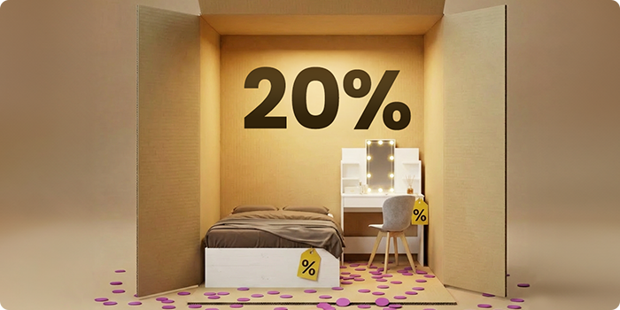 Modern bedroom furniture with a white bed and beige vanity table styled inside a box display, highlighting a 20% discount on bedroom essentials.