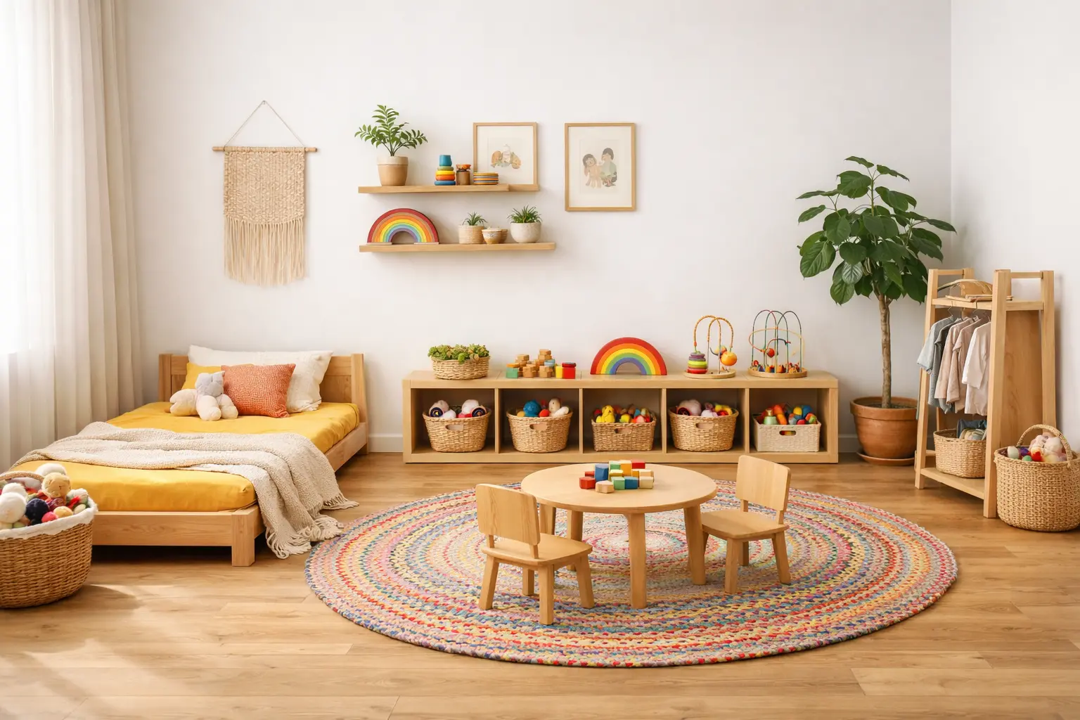 A child's room designed with Montessori principles, featuring low shelves and natural wood furniture.