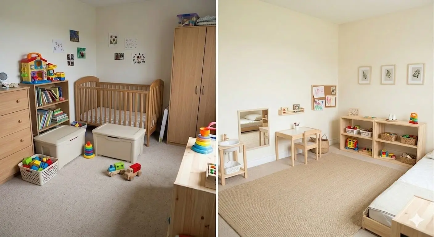 A serene child's room featuring a low wooden bookcase and a small table with chairs, demonstrating Montessori principles.