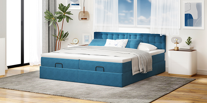 Velvet double bed with headboard in styled bedroom. Click to shop the collection.
