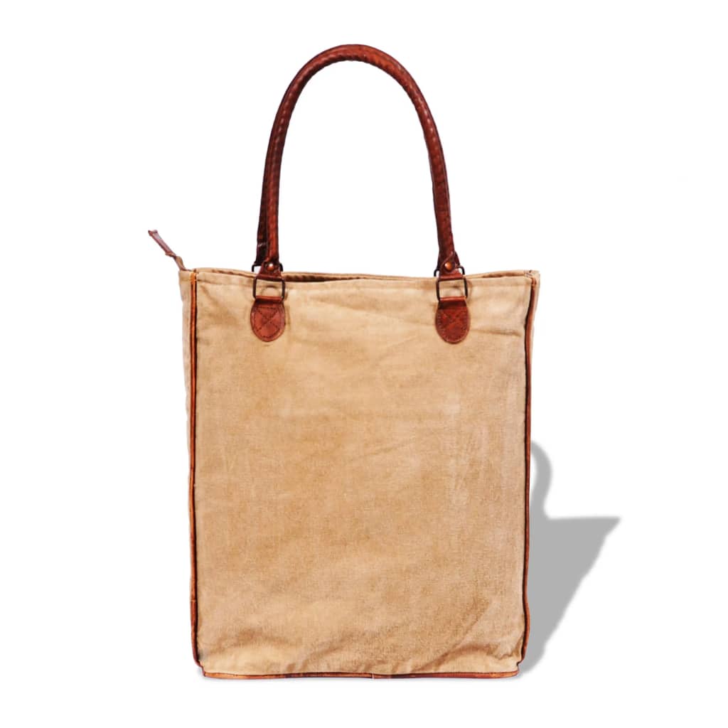 Canvas Real Leather Shopper Bag with Buckle Beige
