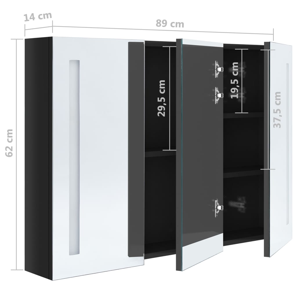 vidaXL LED Bathroom Mirror Cabinet 89x14x62 cm Shining Black