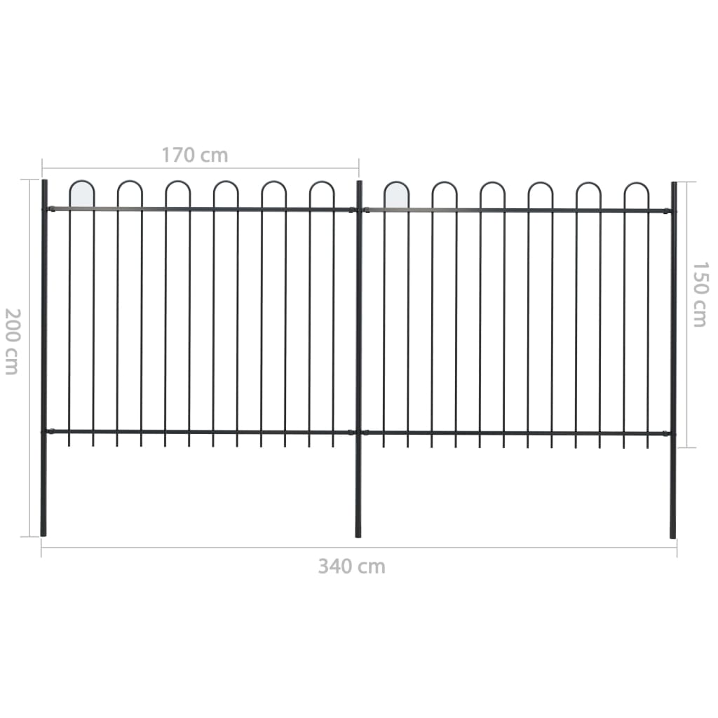 vidaXL Garden Fence with Hoop Top Steel 3.4x1.5 m Black
