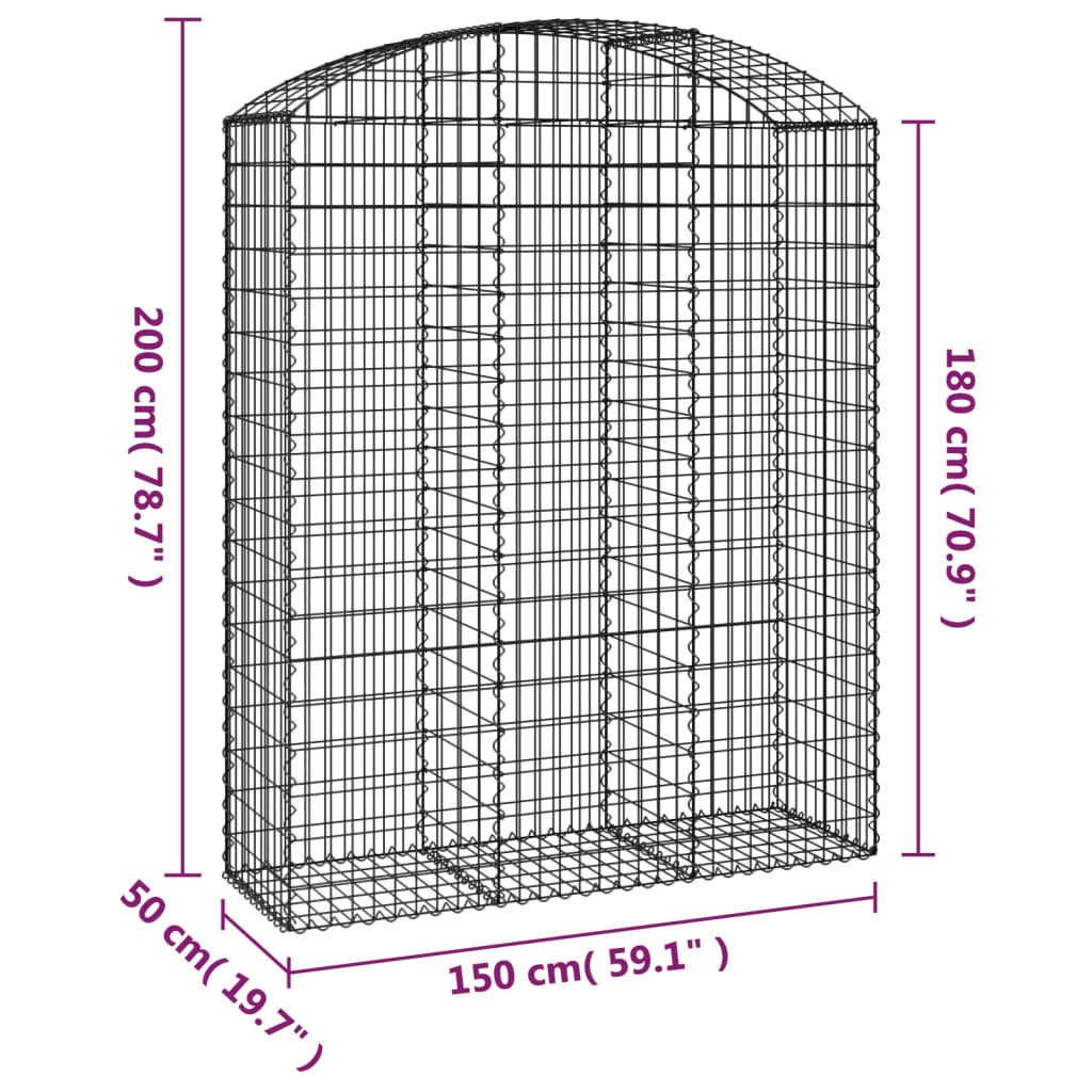 vidaXL Arched Gabion Basket 150x50x180/200 cm Galvanised Iron