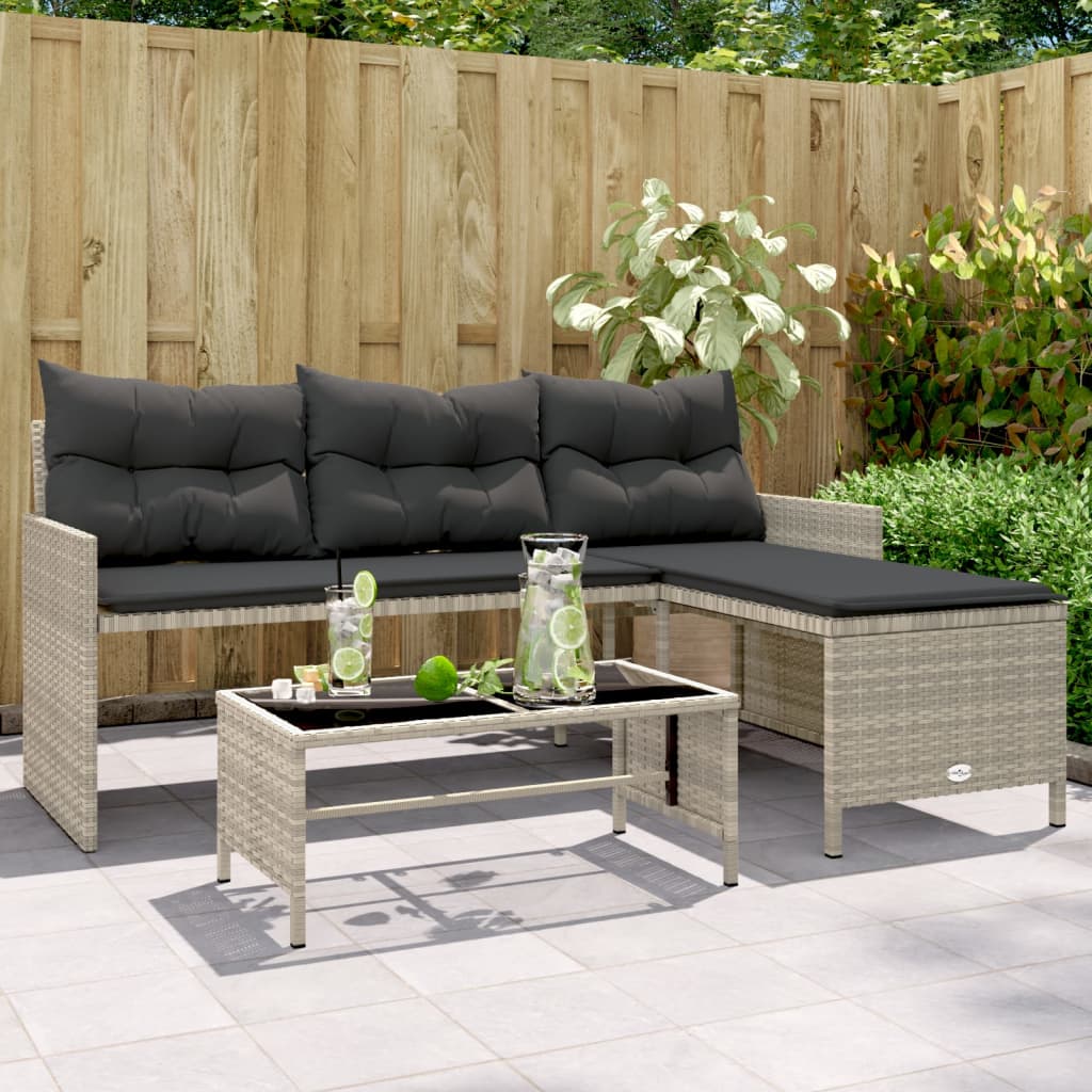 vidaXL Garden Sofa with Table and Cushions L-Shaped Light Grey Poly Rattan