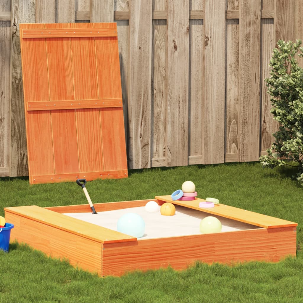vidaXL Sandpit with Cover Wax Brown 111x111x19.5 cm Solid Wood Pine