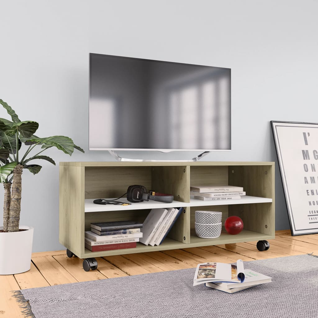 vidaXL TV Cabinet with Castors White and Sonoma Oak 90x35x35 cm Engineered Wood