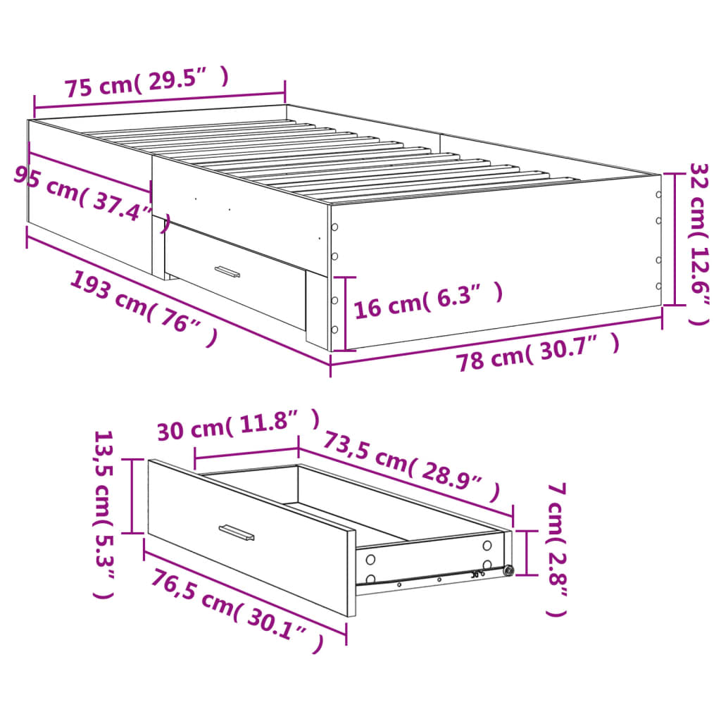 vidaXL Bed Frame with Drawers Concrete Grey 120x200 cm Engineered Wood