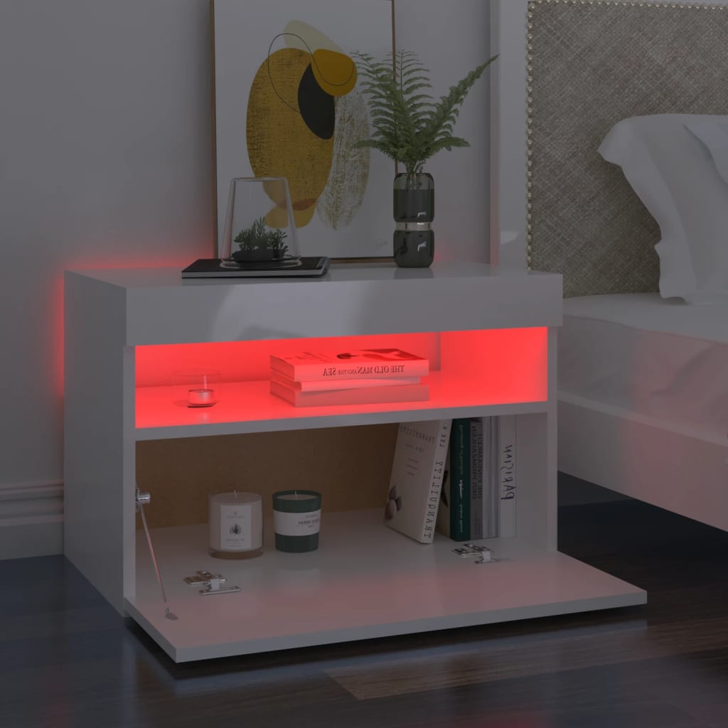 vidaXL Bedside Cabinet & LED Lights High Gloss White 60x35x40 cm