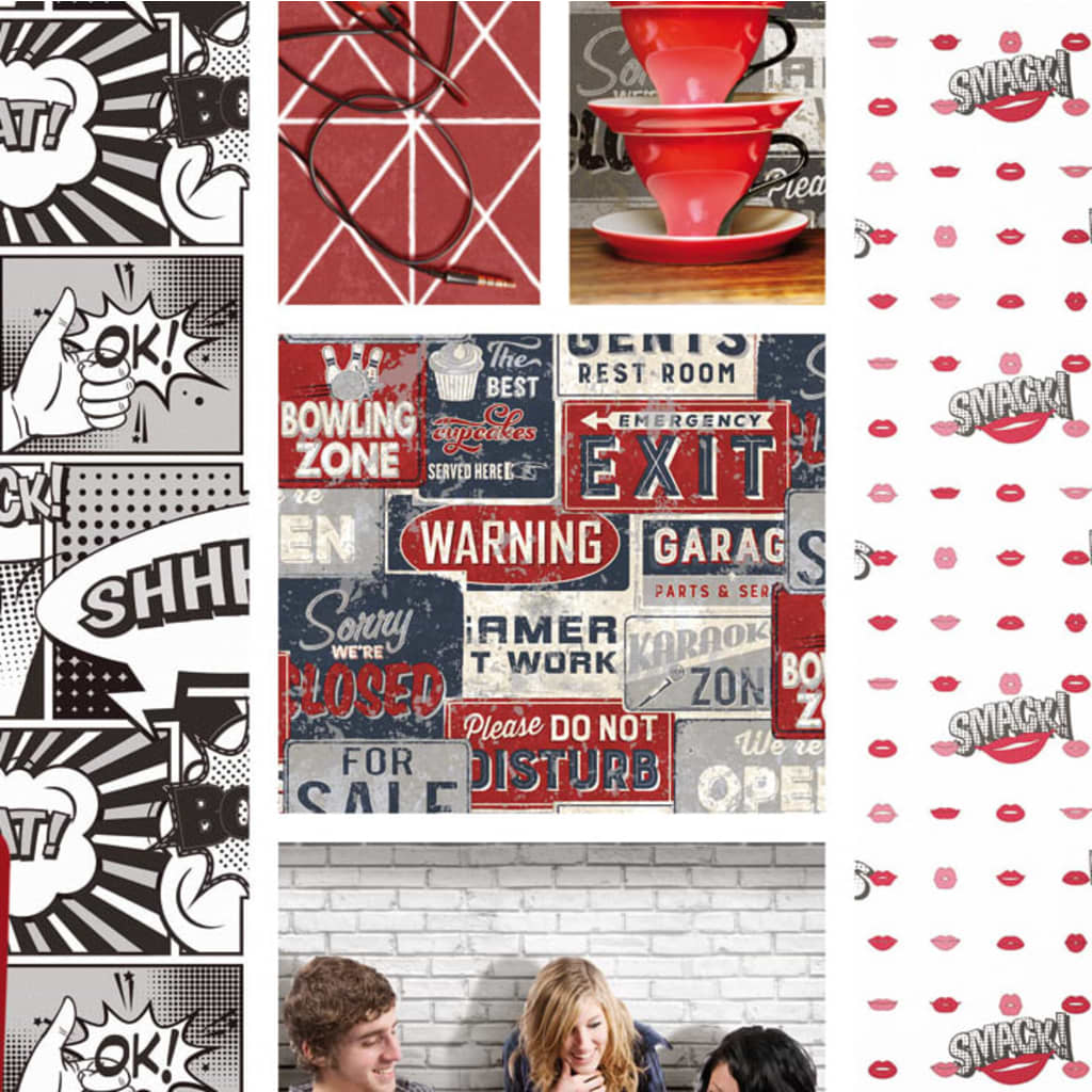 Noordwand Wallpaper Urban Friends & Coffee Billboards Small Blue and Red