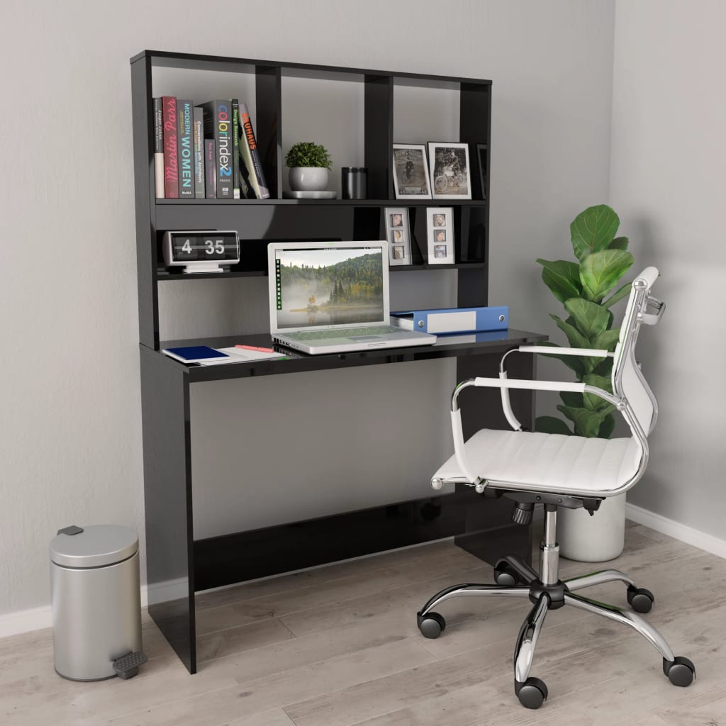 vidaXL Desk with Shelf High Gloss Black 110x45x157 cm Engineered Wood