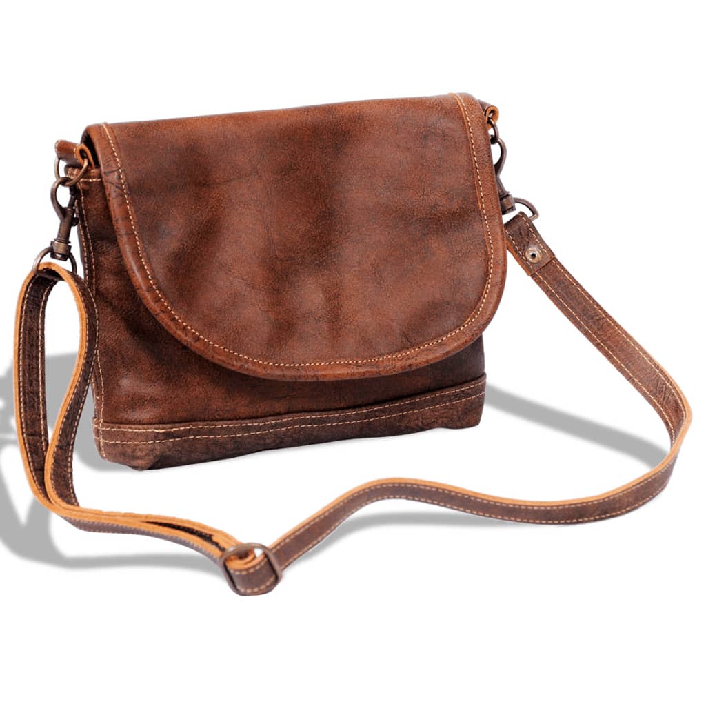 Real Leather Shoulder Bag with Flap Brown