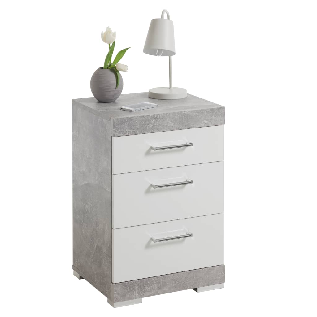 FMD Bedside Table with 3 Drawers Concrete Grey and Glossy White