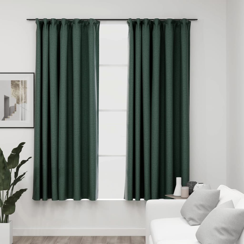 vidaXL Linen-Look Blackout Curtains with Hooks 2 pcs Green 140x175 cm