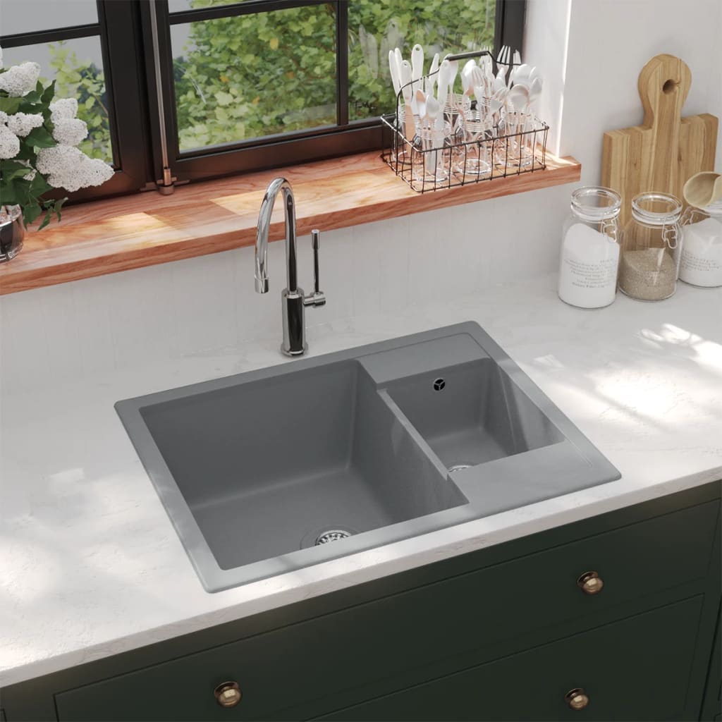 vidaXL Kitchen Sink with Overflow Hole Double Basins Grey Granite
