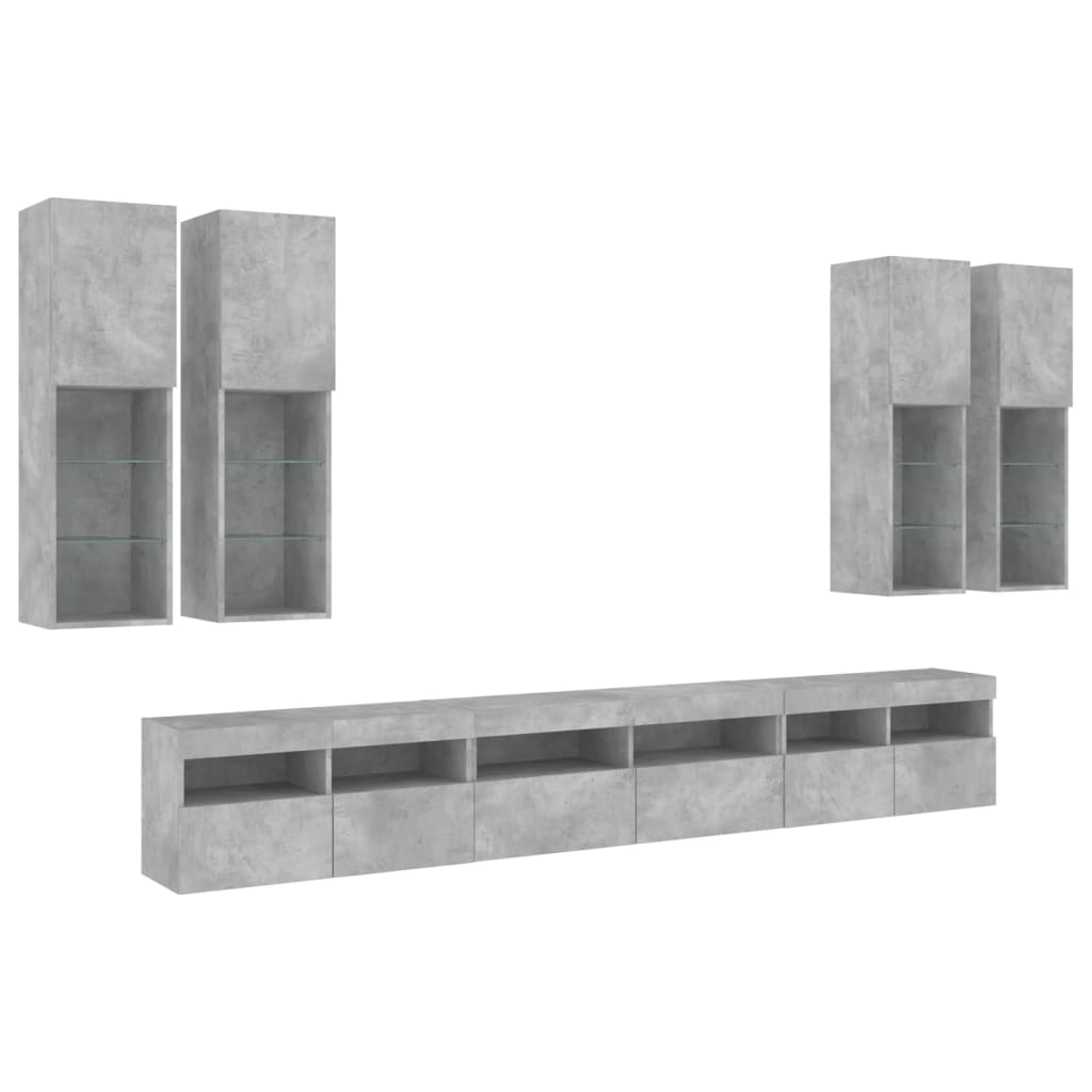 vidaXL 7 Piece TV Wall Cabinet Set with LED Lights Concrete Grey