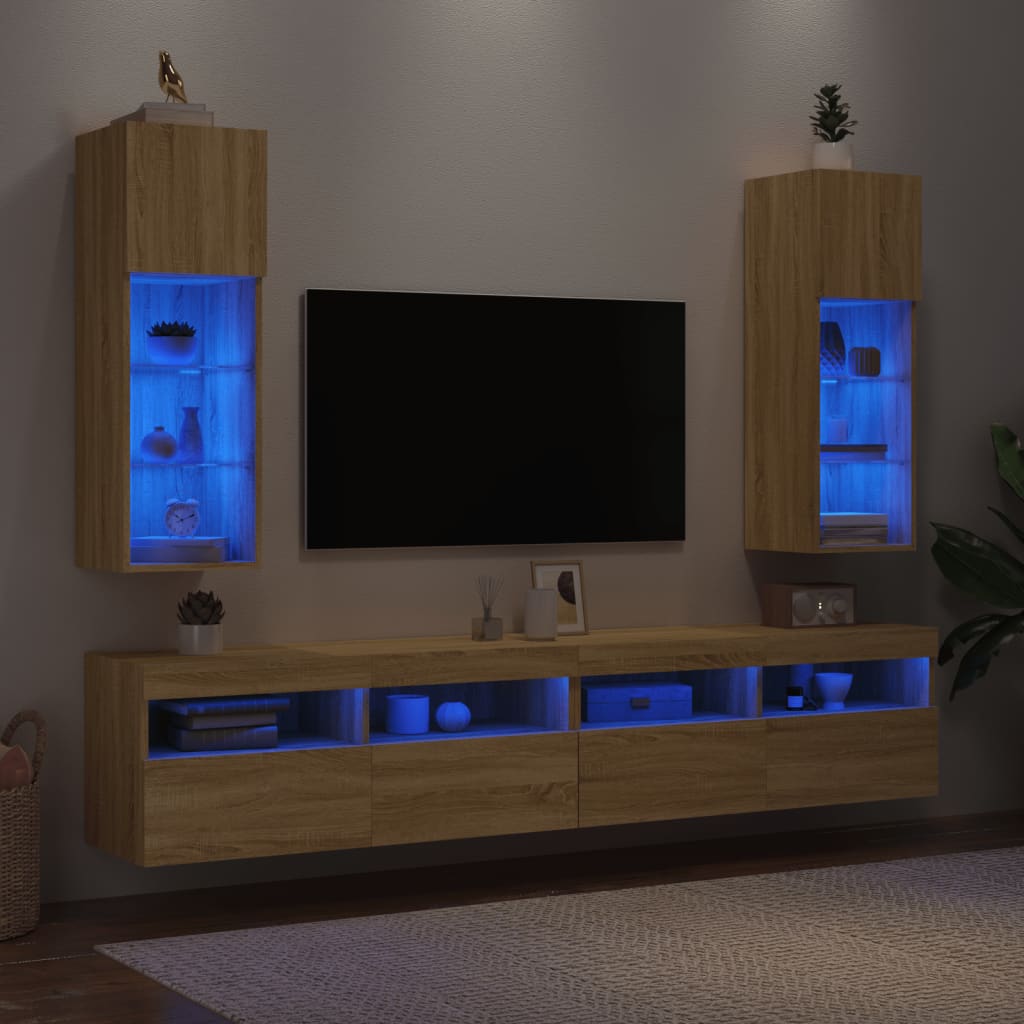 vidaXL TV Cabinets with LED Lights 2 pcs Sonoma Oak 30.5x30x90 cm