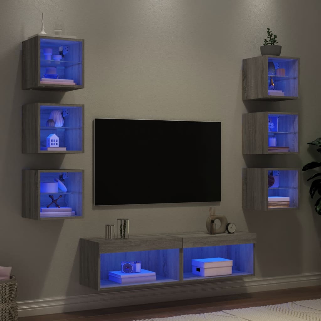 vidaXL 8 Piece TV Wall Units with LED Grey Sonoma Engineered Wood