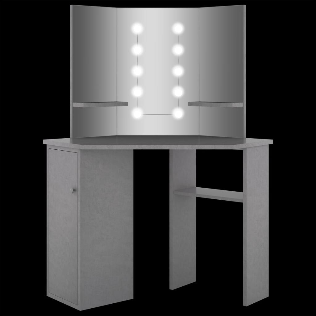 vidaXL Corner Dressing Table with LED Concrete Grey 111x54x141.5 cm