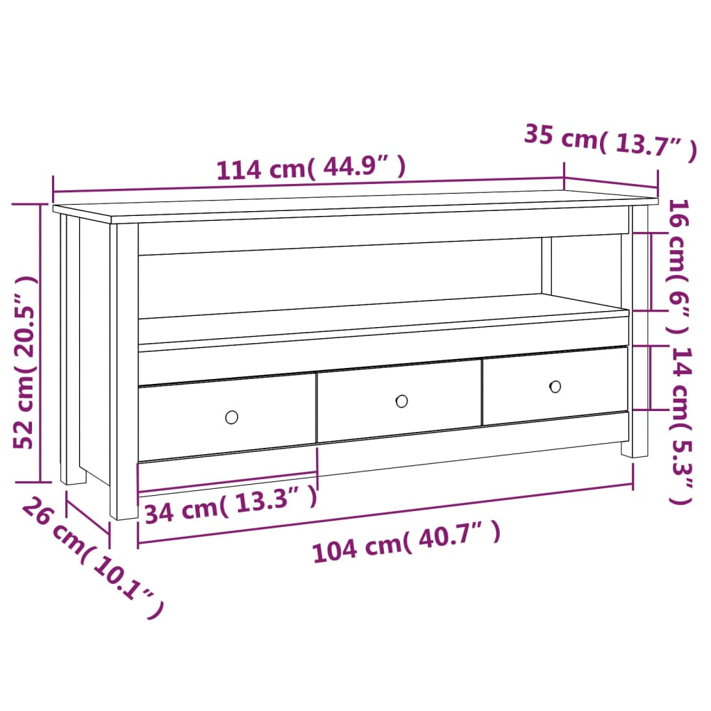 vidaXL TV Cabinet Honey Brown 114x35x52 cm Solid Wood Pine