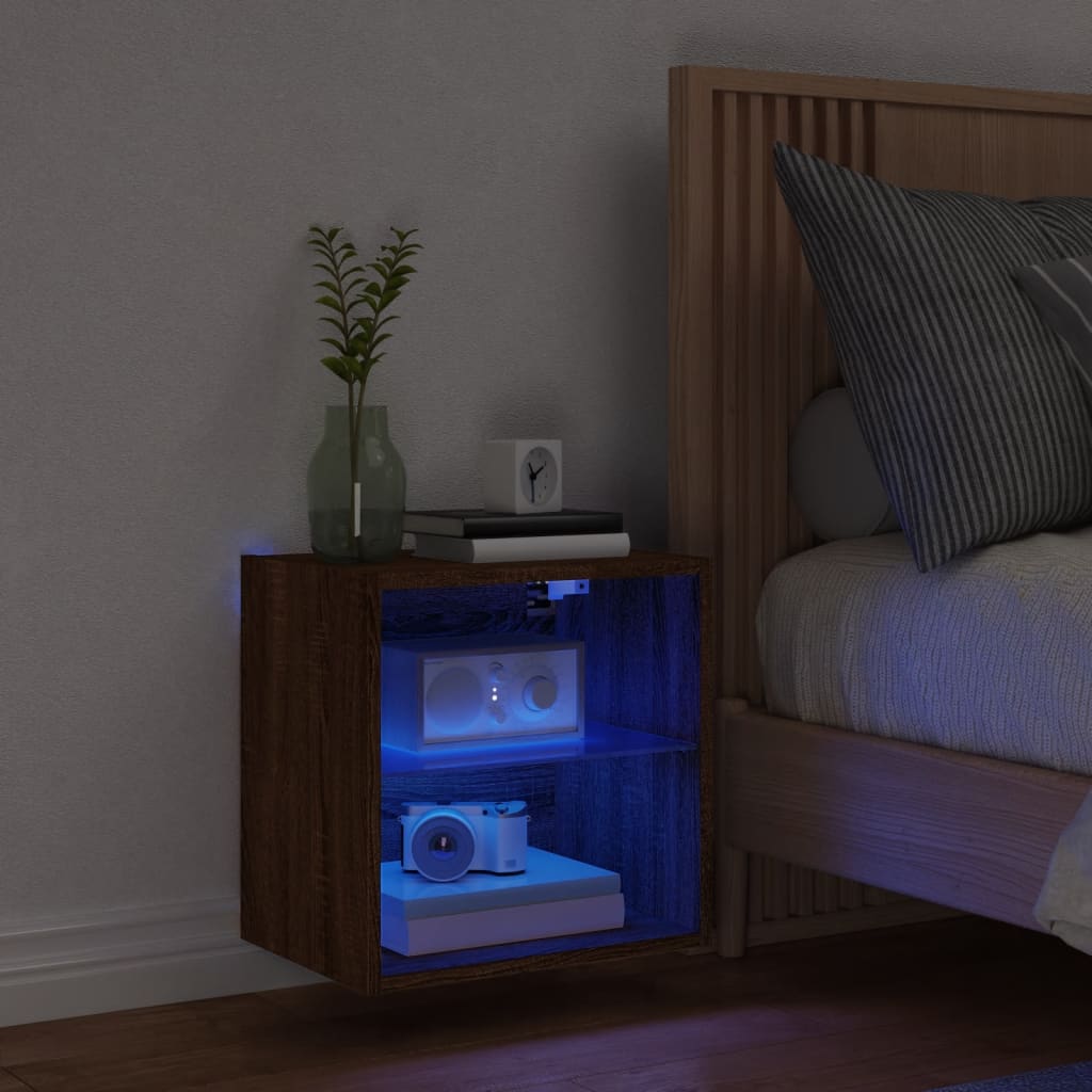 vidaXL Bedside Cabinet with LED Lights Wall-mounted Brown Oak