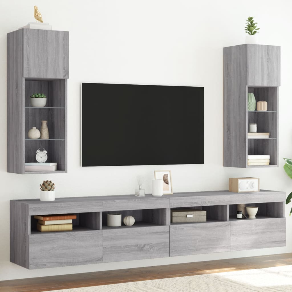 vidaXL TV Cabinets with LED Lights 2 pcs Grey Sonoma 30.5x30x90 cm