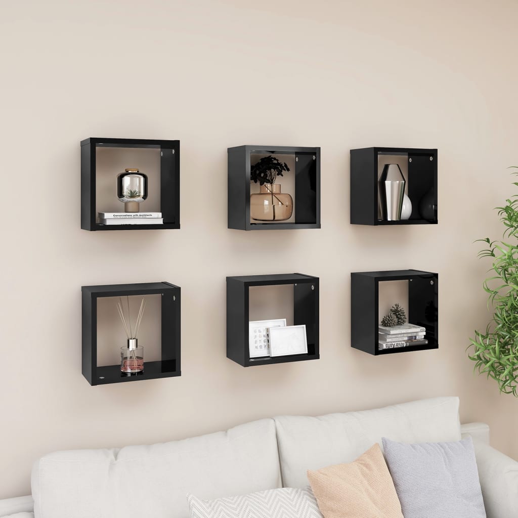 vidaXL Wall Cube Shelves 6 pcs High Gloss Black 26x15x26 cm
