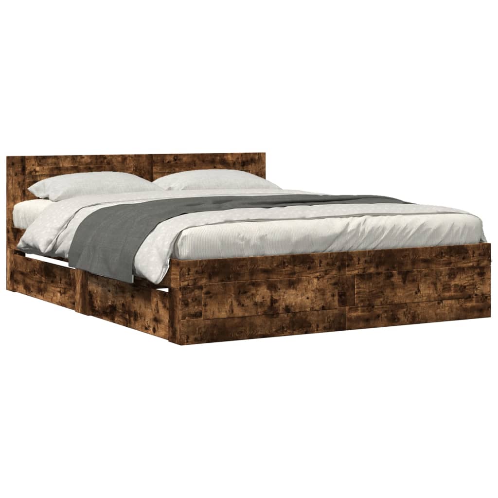 vidaXL Bed Frame with Headboard Smoked Oak 160x200 cm Engineered Wood ...