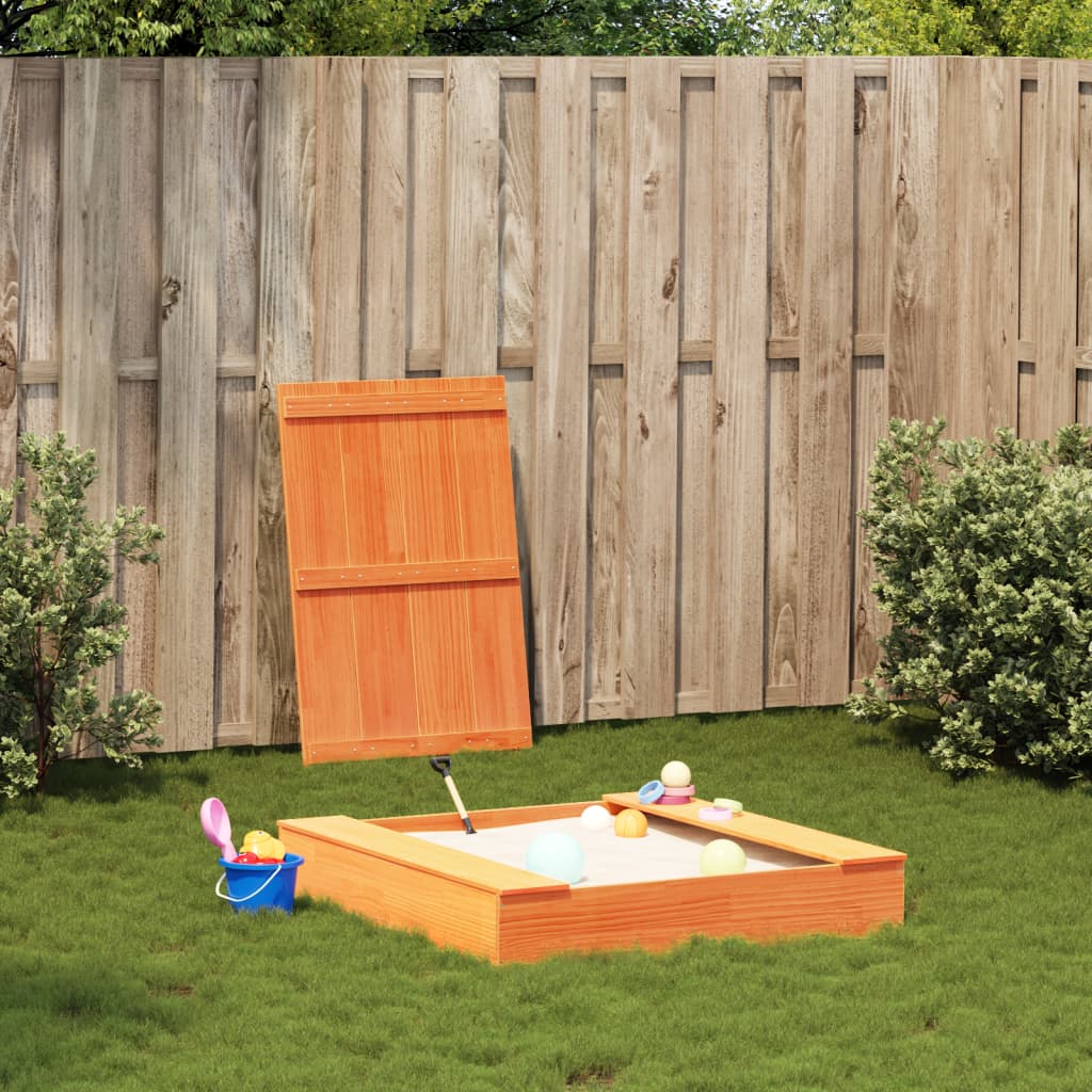 vidaXL Sandpit with Cover Wax Brown 111x111x19.5 cm Solid Wood Pine
