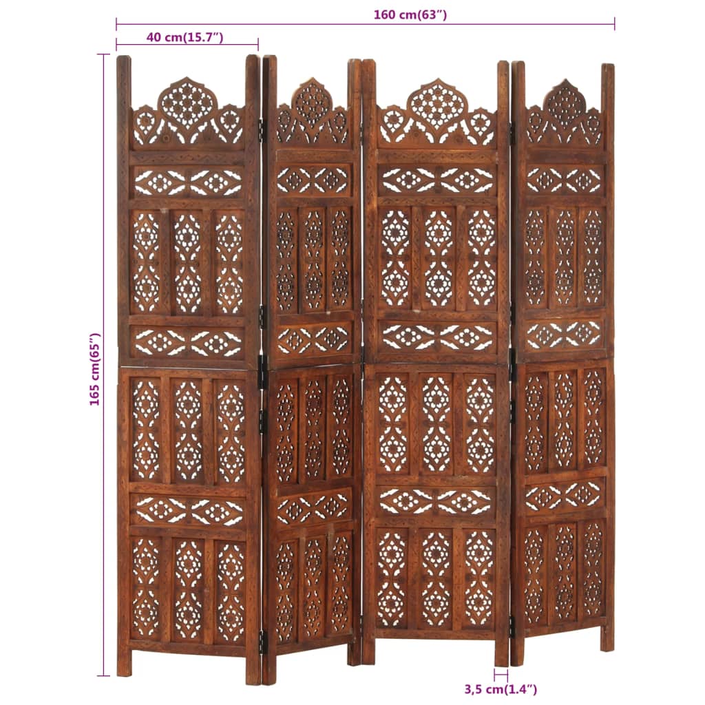vidaXL Hand carved 4-Panel Room Divider Brown 160x165 cm Solid Mango Wood