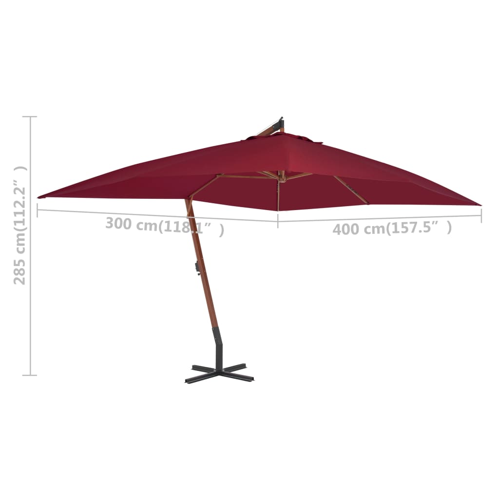 vidaXL Cantilever Umbrella with Wooden Pole 400x300 cm Bordeaux Red