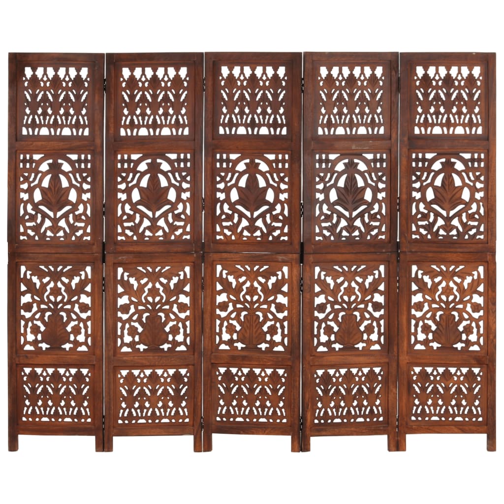 vidaXL Hand Carved 5-Panel Room Divider Brown 200x165 cm Solid Mango Wood