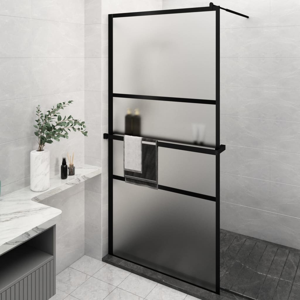 vidaXL Walk-in Shower Wall with Shelf Black 115x195 cm ESG Glass&Aluminium