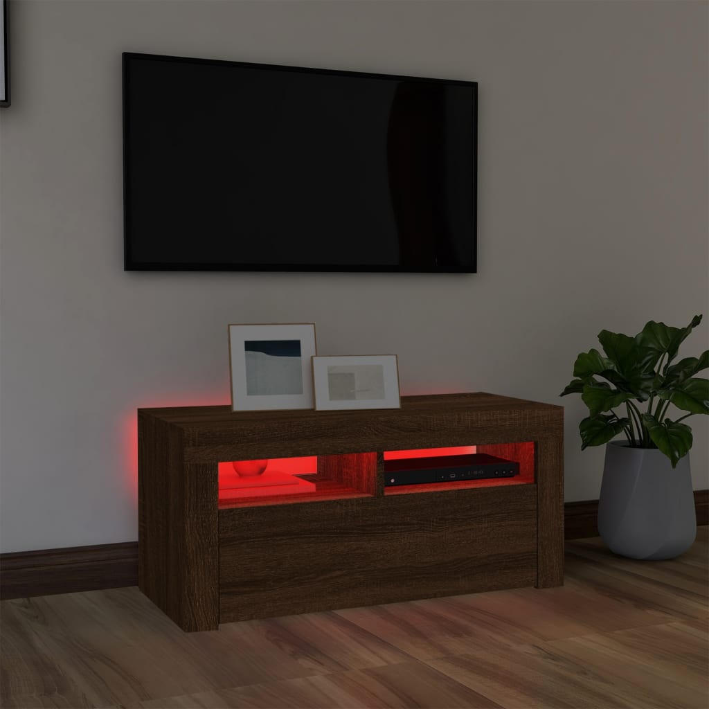 vidaXL TV Cabinet with LED Lights Brown Oak 90x35x40 cm