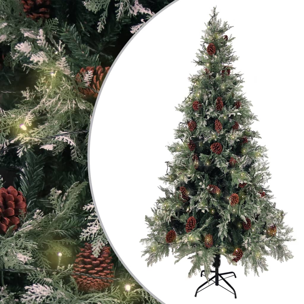 vidaXL Pre-lit Christmas Tree with Pine Cones Green&White 225 cm PVC&PE