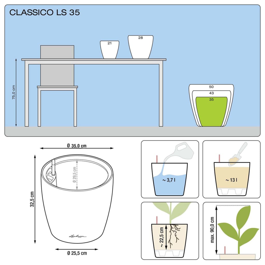 LECHUZA Planter CLASSICO LS 35 ALL-IN-ONE High-Gloss White 16060