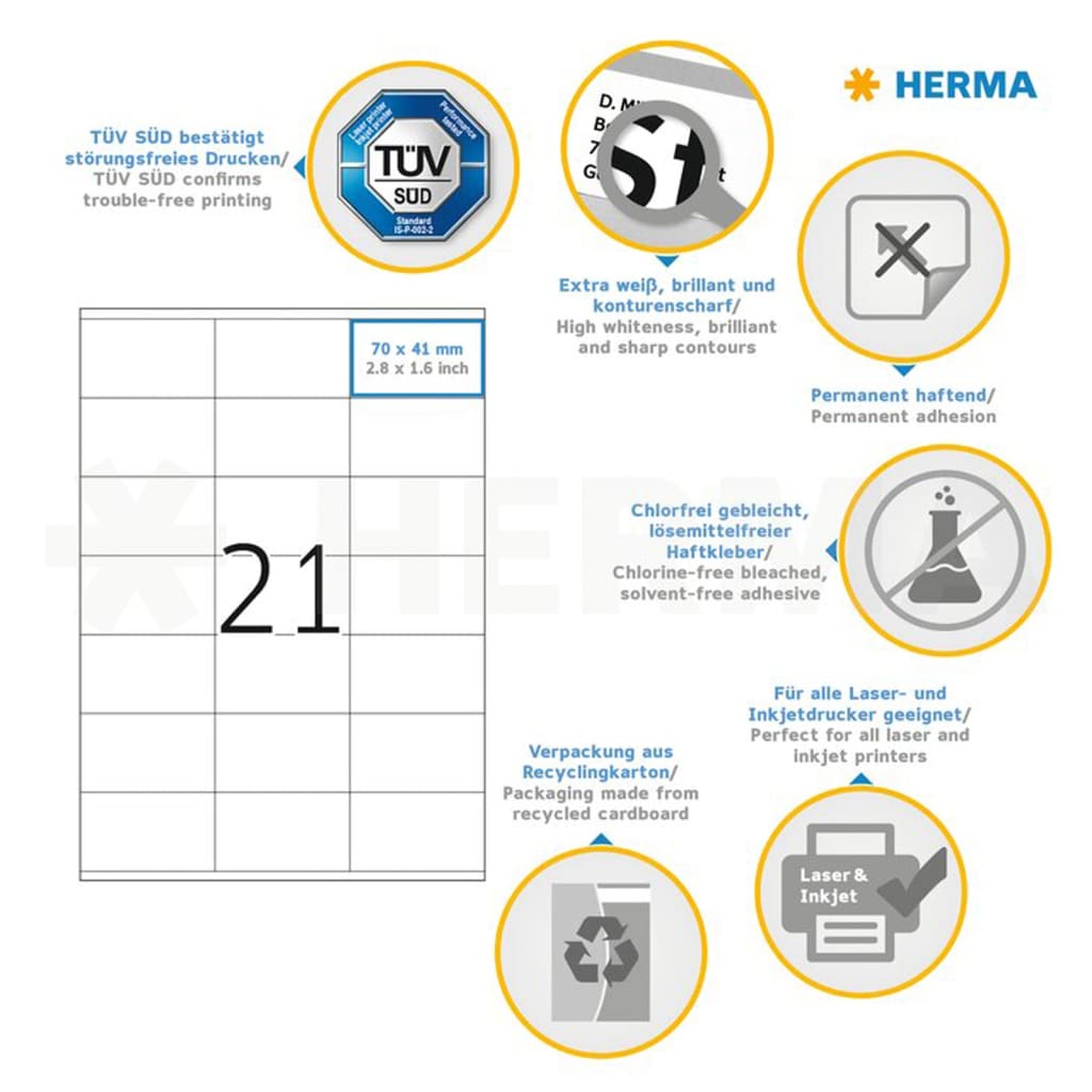 HERMA Permanent Labels PREMIUM A4 70x41 mm 100 Sheets