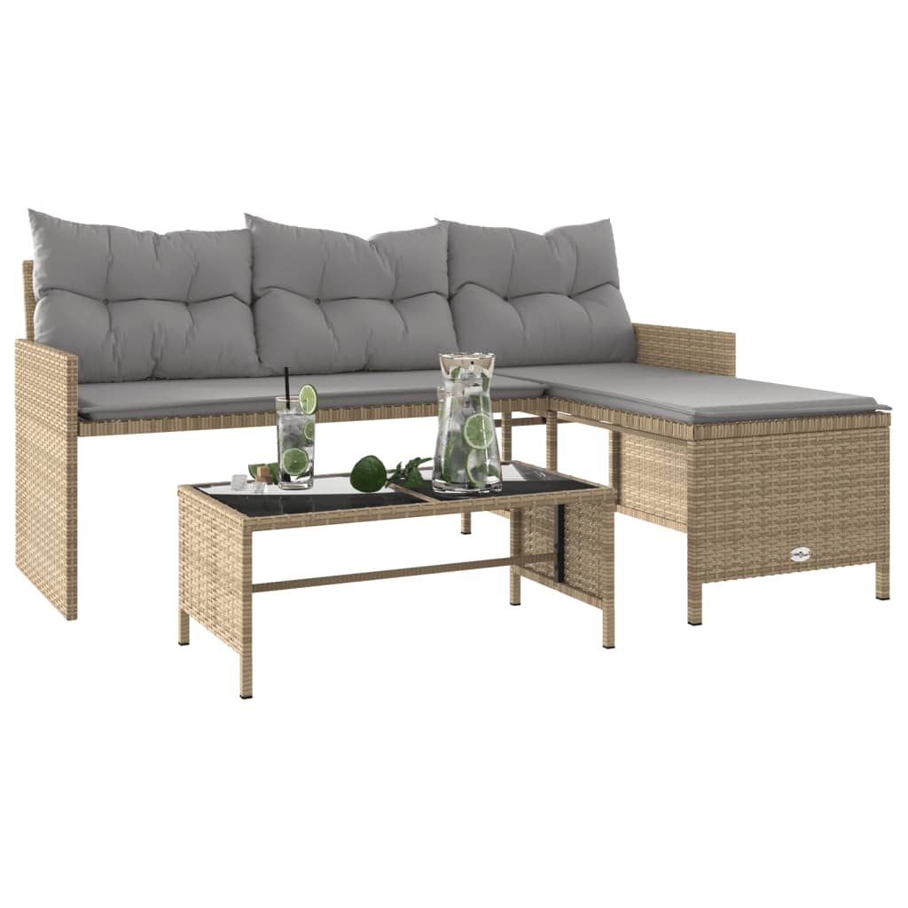 vidaXL Garden Sofa with Table and Cushions L-Shaped Mix Beige Poly Rattan