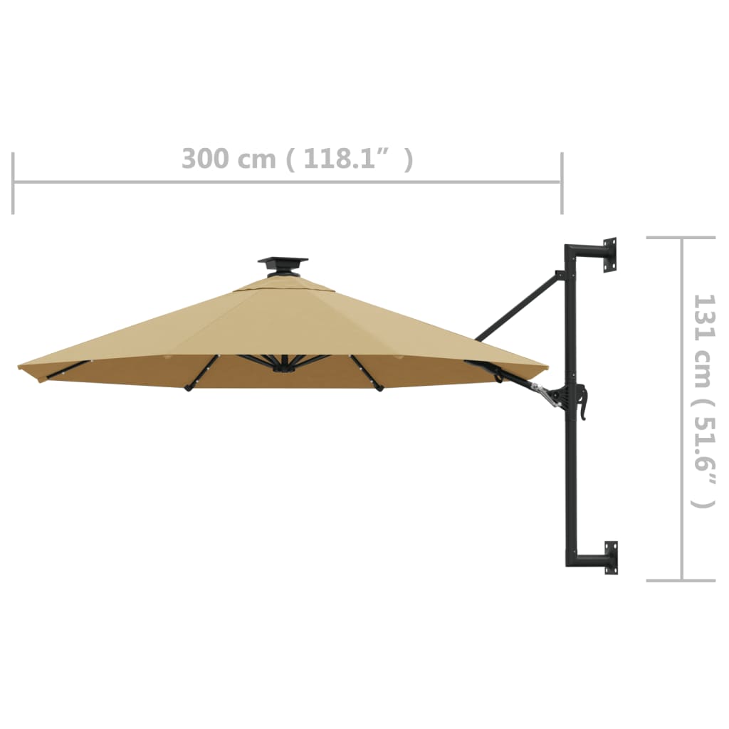 vidaXL Wall-mounted Parasol with LEDs and Metal Pole 300 cm Taupe