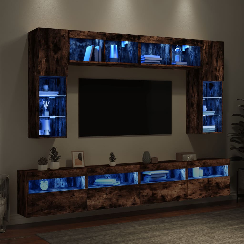 vidaXL 8 Piece TV Wall Cabinet Set with LED Lights Smoked Oak