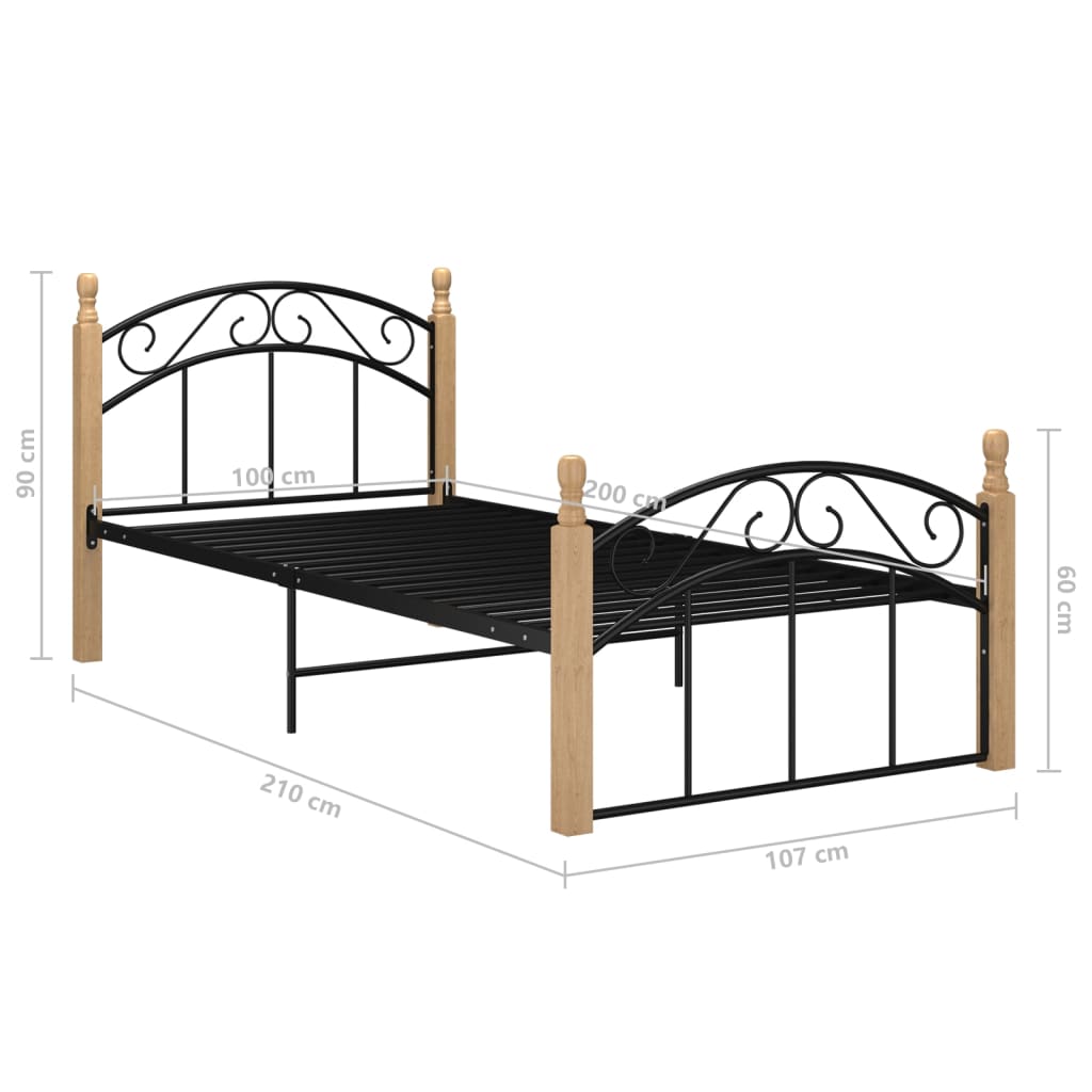 vidaXL Bed Frame Black Metal and Solid Oak Wood 100x200 cm
