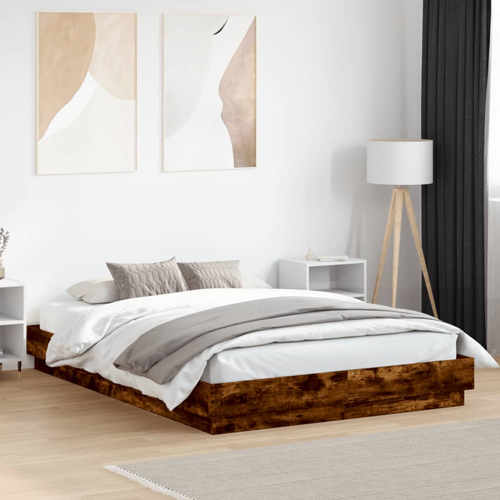 vidaXL Bed Frame with LED Lights Smoked Oak 140x200 cm