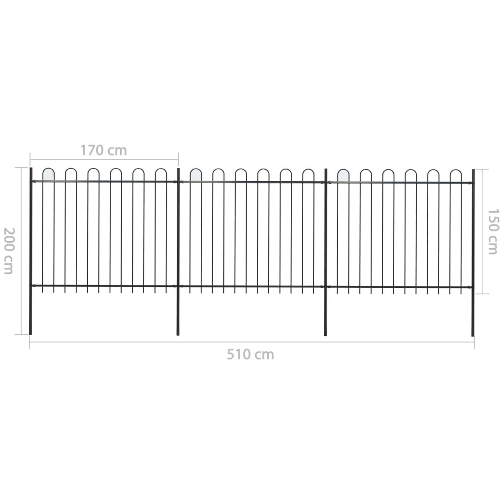 vidaXL Garden Fence with Hoop Top Steel 5.1x1.5 m Black