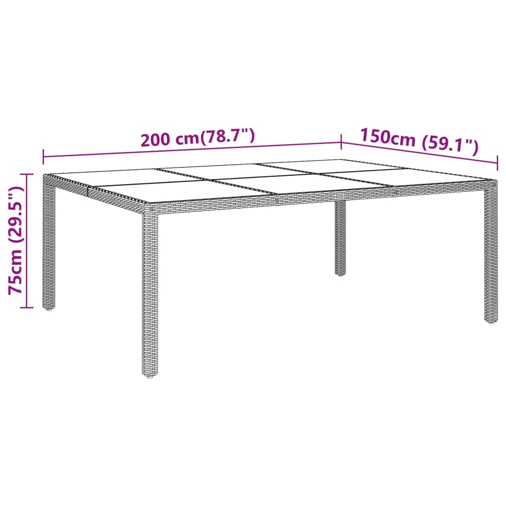 vidaXL Garden Table with Glass Top Brown 200x150x75 cm Rattan