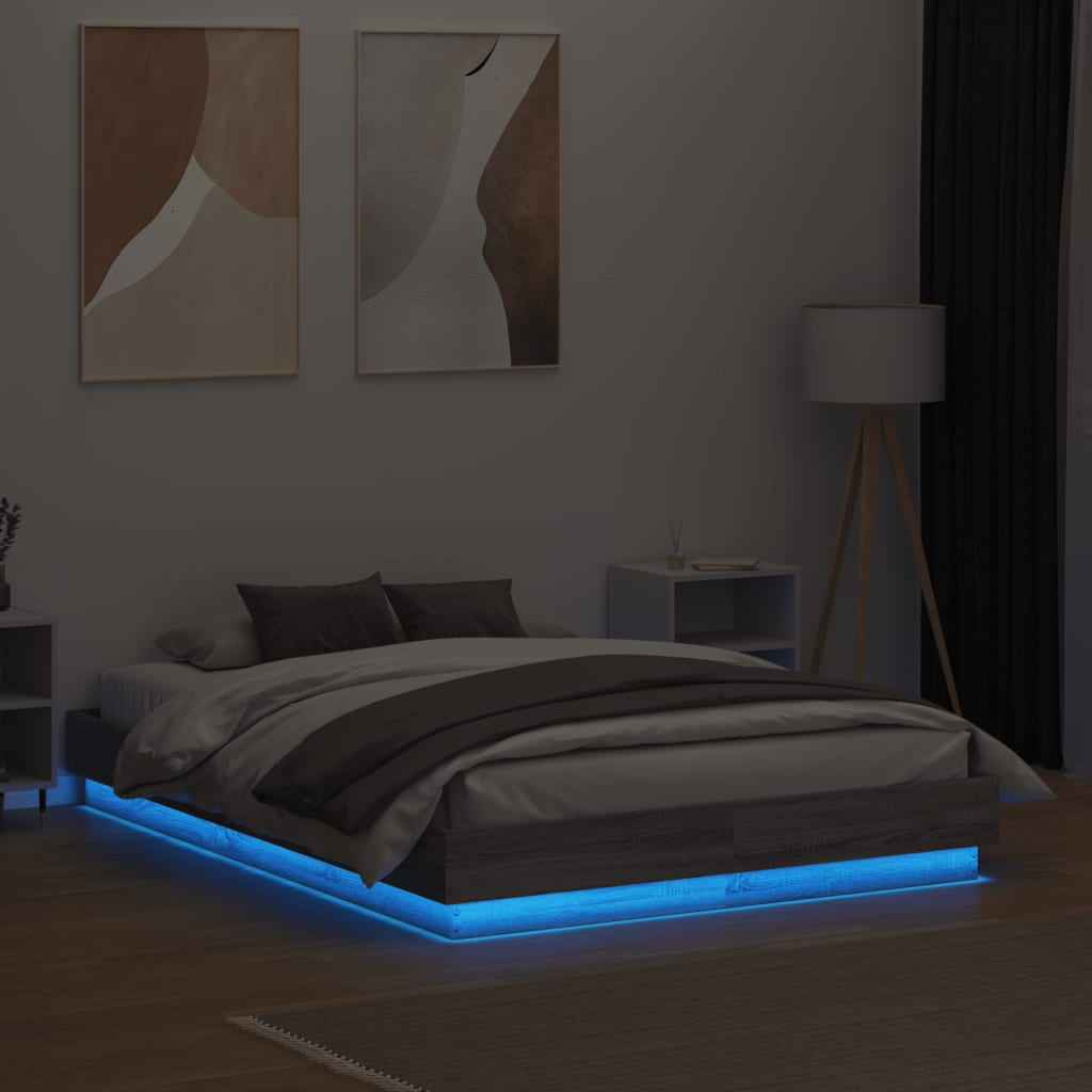 vidaXL Bed Frame with LED Lights Grey Sonoma 120x190 cm Small Double