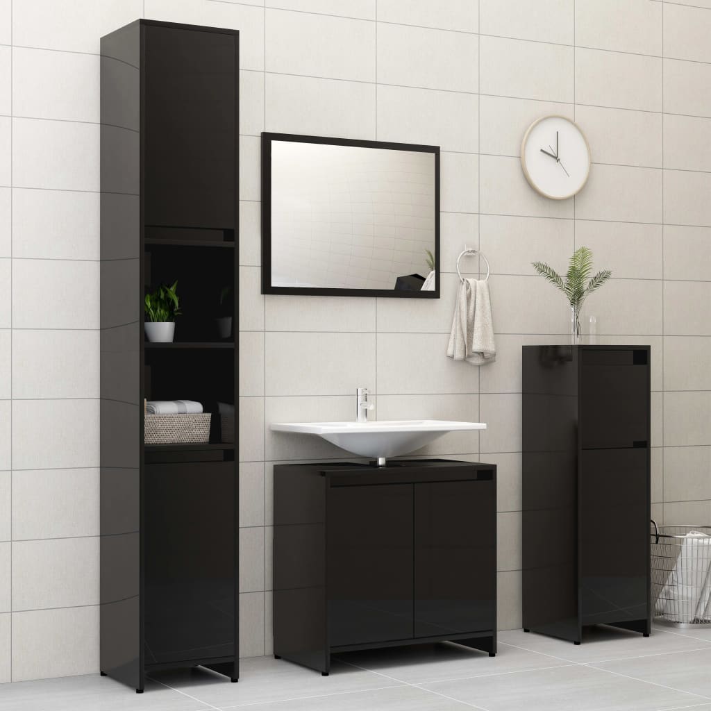 vidaXL Bathroom Furniture Set High Gloss Black Chipboard